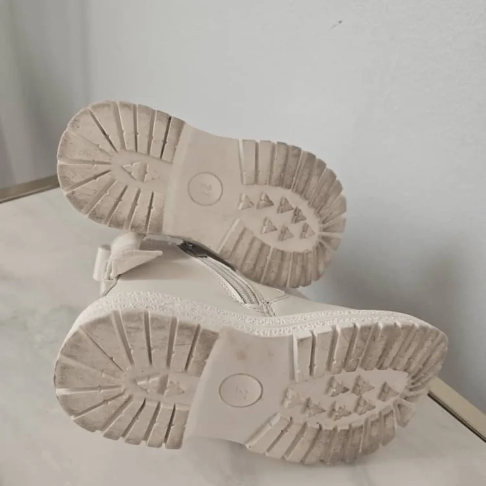 Girls Bow Decor Thermal Lined Beige Ankle Boots With Slide Zipper US 10-10.5